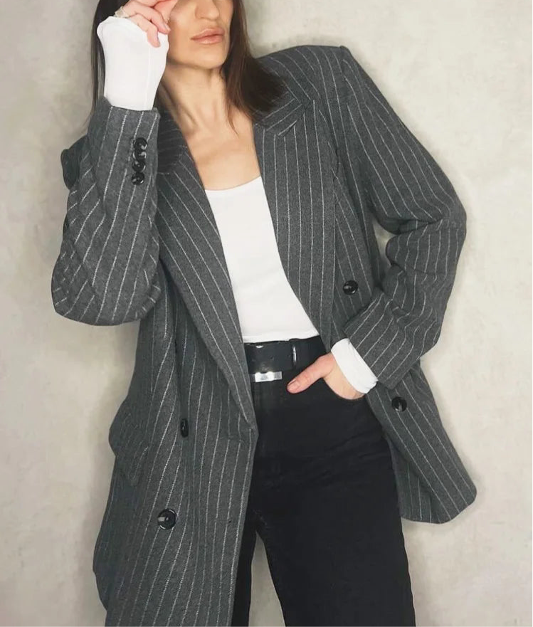 Spring Women Fashion Grey 2 Piece Sets Woman Pinstripes Pockets Slim Blazer Coat + Zipper Versatile Female Mini Skirts